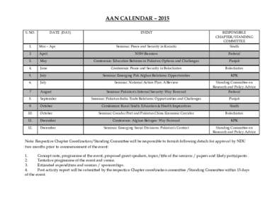 AAN CALENDAR – 2015 S. NO. DATE (DAY)  Seminar: Peace and Security in Karachi