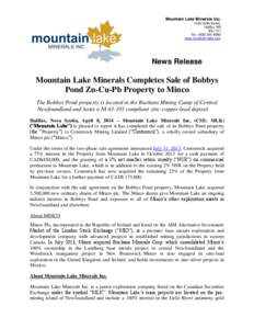 Mountain Lake Minerals Inc[removed]Hollis Street, Halifax, NS B3J 1V1 Tel.: ([removed]www.mountain-lake.com