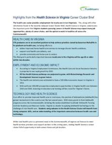 Highlights from the Health Science in Virginia Career Cluster Brief The health care sector provides employment for nearly one in ten Virginians. This, along with other information found in the recently-released Career Cl