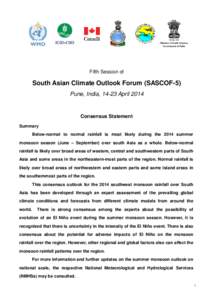 Ministry of Earth Sciences Government of India Fifth Session of  South Asian Climate Outlook Forum (SASCOF-5)