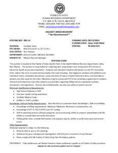 PUEBLO OF ISLETA HUMAN RESOURCES DEPARTMENT P.O. BOX 1270, ISLETA, NM[removed]PHONE: ([removed]FAX: ([removed]EMAIL: [removed] VACANCY ANNOUNCEMENT