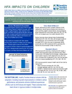 HFA IMPACTS ON CHILDREN Healthy Families America is an effective and proven model for early childhood home visiting with positive impacts in eight areas essential for children. Currently more than 75,000 families are ser