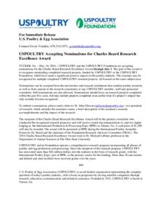 For Immediate Release U.S. Poultry & Egg Association Contact Gwen Venable, ,  USPOULTRY Accepting Nominations for Charles Beard Research Excellence Award