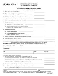 FORM VA-4  COMMONWEALTH OF VIRGINIA DEPARTMENT OF TAXATION  PERSONAL EXEMPTION WORKSHEET