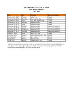 THE UNIVERSITY OF TEXAS AT TYLER Staff Holiday ScheduleDate
