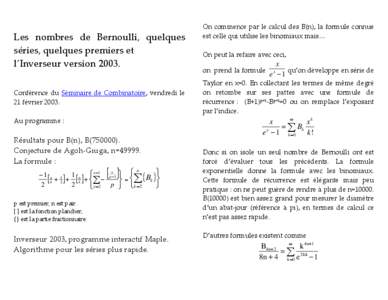 Les nombres de Bernoulli,Simon Plouffe
