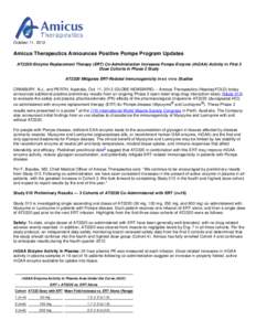 October 11, 2012  Amicus Therapeutics Announces Positive Pompe Program Updates AT2220-Enzyme Replacement Therapy (ERT) Co-Administration Increases Pompe Enzyme (rhGAA) Activity in First 3 Dose Cohorts in Phase 2 Study AT