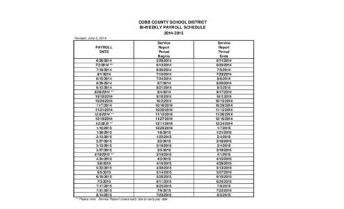 COBB COUNTY SCHOOL DISTRICT BI-WEEKLY PAYROLL SCHEDULE[removed]Revised: June 5, 2014  PAYROLL