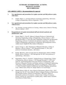 SUMMARY OF PERSONNEL ACTIONS REGENTS AGENDA DECEMBER 2014 ANN ARBOR CAMPUS – Recommendations for approval 1.