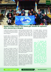 Appleby College students from Ontario gain valuable life experience while volunteering in Mongolia In March 2014, a group of 14 students from Appleby College in Ontario embarked on a 2 week service project with Projects 