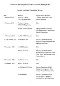Commission of Inquiry into Excess Lead Found in Drinking Water  Seventh Provisional Timetable of Hearing Date 2 November 2015