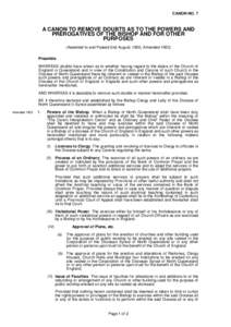 CANON NO. 7  A CANON TO REMOVE DOUBTS AS TO THE POWERS AND PREROGATIVES OF THE BISHOP AND FOR OTHER PURPOSES (Assented to and Passed 2nd August, 1900, Amended 1953)