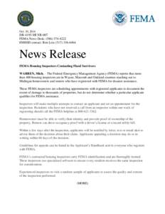 Oct. 10, 2014  DR-4195-MI NR-007 FEMA News Desk: ([removed]EMHSD contact: Ron Leix[removed]