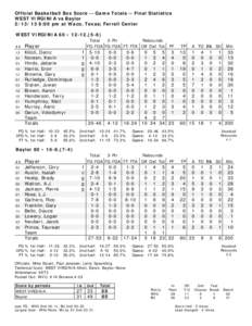 Official Basketball Box Score -- Game Totals -- Final Statistics WEST VIRGINIA vs Baylor[removed]:00 pm at Waco, Texas; Ferrell Center WEST VIRGINIA 60 • 12-12,(5-6) ##