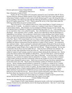 Southern Campaign American Revolution Pension Statements Pension application of James Noland W9202 Barbara fn71NC Transcribed by Will Graves State of Kentucky, County of Estill