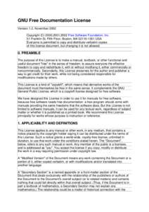 GNU Free Documentation License Version 1.2, November 2002 Copyright (C) 2000,2001,2002 Free Software Foundation, Inc. 51 Franklin St, Fifth Floor, Boston, MAUSA Everyone is permitted to copy and distribute ve