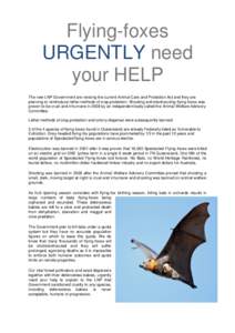 Flying-foxes URGENTLY need your HELP The new LNP Government are revising the current Animal Care and Protection Act and they are planning to reintroduce lethal methods of crop protection. Shooting and electrocuting flyin
