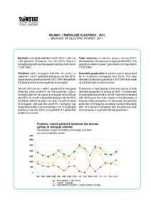 BILANCI I ENERGJISË ELEKTRIKE, 2011 BALANCE OF ELECTRIC POWER, 2011 Burimet e energjisë elektrike në vitin 2011 u ulën me 13.6 përqind, krahasuar me vitin[removed]Sasia e energjisë së prodhuar dhe asaj të importuar