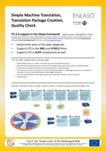 Simple Machine Translation, Translation Package Creation, Quality Check ITS 2.0 support in the Okapi Framework  (open-source, cross-platform, free)