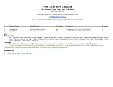 Pott Island Bird Checklist (Iles deos du Nord Grp) New Caledonia53s30e Compiled by Michael K. Tarburton, Pacific Adventist University, PNG. [You are welcome to communicate, just re-type above address into 
