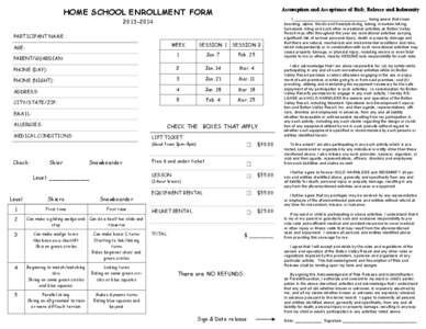 HOME SCHOOL ENROLLMENT FORM  Assumption and Acceptance of Risk, Release and Indemnity