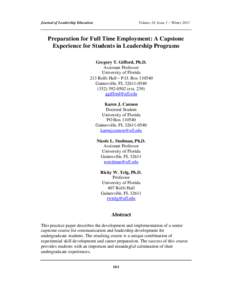 Journal of Leadership Education  Volume 10, Issue 1 – Winter 2011 Preparation for Full Time Employment: A Capstone Experience for Students in Leadership Programs
