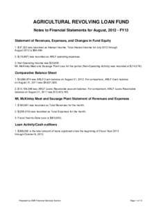 AGRICULTURAL REVOLVING LOAN FUND Notes to Financial Statements for August, [removed]FY13 Statement of Revenues, Expenses, and Changes in Fund Equity 1. $37,322 was recorded as Interest Income. Total Interest Income for Jul