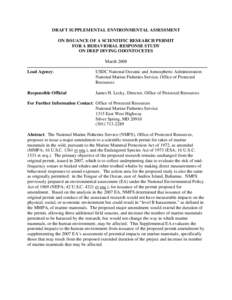 Draft Supplemental Environmental Assessment on Issuance of a Scientific Research Permit for a Behavioral Response Study on Deep Diving Odontocetes