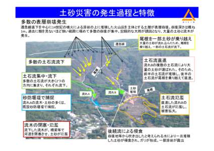 土砂災害の発生過程と特徴 多数の表層崩壊発生 遷急線直下を中心に14世紀の噴火による溶岩の上に堆積した火山灰を主体とする土層が表層崩壊。崩壊深さは概ね 1m