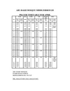 ABU-BAKR MOSQUE MIDDLESBROUGH PRAYER TIMETABLE FOR APRIL FAJR SUN