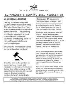 VOL.17 NO. 3  SUMMER 2011 AFFILIATE  LV-MARQUETTE COUNTY, INC. NEWSLETTER