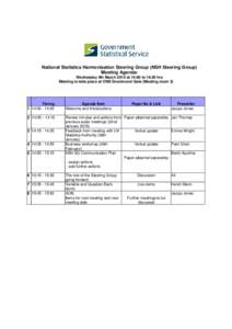 National Statistics Harmonisation Steering Group (NSH Steering Group) Meeting Agenda: Wednesday 4th March 2015 at 14:00 tohrs Meeting to take place at ONS Drummond Gate (Meeting room 3)  Timing