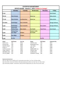 STATISTICS DEPARTMENT OFFICE HOURS - Session 1, 2015 (Subjec to change) Monday Tuesday