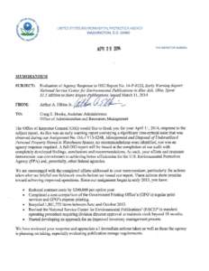 Evaluation of Agency Response to OIG Report No. 14-P-0132, Early Warning Report: National Service Center for Environmental Publications in Blue Ash, Ohio, Spent $1.5 Million to Store Excess Publications, issued March 11,