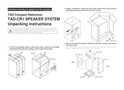 2.	 Using a screwdriver, remove the bolts and washers (six in all) from the packaging and open and remove the outer carton. Read before removing your speakers from their packaging.  TAD Compact Reference