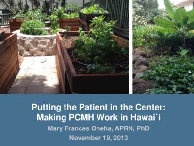 Putting the Patient in the Center: Making PCMH Work in Hawai`i Mary Frances Oneha, APRN, PhD November 19, 2013  Journey to Patient