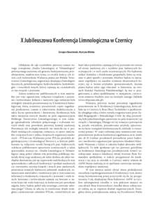 X Jubileuszowa Konferencja Limnologiczna w Czernicy Grzegorz Kowalewski, Krystyna Milecka Oddajemy do rąk czytelników pierwszy numer nowego czasopisma „Studia Limnologica et Telmatologica” poświęconego jeziorom, 