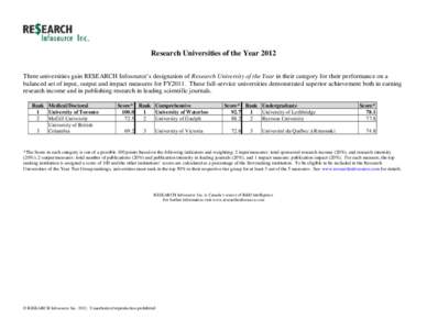 Research Universities of the Year 2012 Three universities gain RE$EARCH Infosource’s designation of Research University of the Year in their category for their performance on a balanced set of input, output and impact 