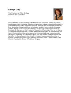 Kathryn Clay Vice President for Policy Strategy American Gas Association As Vice President for Policy Strategy at the American Gas Association, Kathryn Clay drives thought-leadership on natural gas utility demand growth 