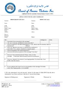 ‫جملس األئمة لوالية فكتوريا‬  Board of Imams Victoria Inc. (Affiliated with the Australian National Imams Council- ANIC)  APPLICATION FOR ISLAMIC MARRIAGE