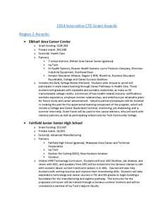 2014 Innovative CTE Grant Awards Region 2 Awards:  Elkhart Area Career Center o o o