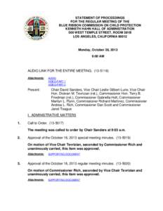 STATEMENT OF PROCEEDINGS FOR THE REGULAR MEETING OF THE BLUE RIBBON COMMISSION ON CHILD PROTECTION KENNETH HAHN HALL OF ADMINISTRATION 500 WEST TEMPLE STREET, ROOM 381B LOS ANGELES, CALIFORNIA 90012