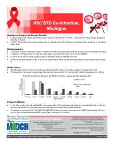 HIV/STD Co-Infection, Michigan Number of Cases and Recent Trends: In 2011, 259 of the 13,070 gonorrhea cases were co-infected with HIV (2%). 60 percent of these cases resided in the City of Detroit. In 2011, 38 percent o