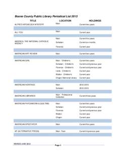 Boone County Public Library Periodical List 2013 TITLE LOCATION  HOLDINGS