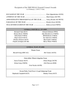 Recipients of the 2009 NOAA General Counsel Awards as of February 1, [removed]:11am) MANAGER OF THE YEAR . . . . . . . . . . . . . . . . . . . . . . . . . . . . Peter Oppenheimer (GCIL) ATTORNEY OF THE YEAR . . . . . . . .