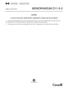 Memorandum D11-5-3, Canada-Costa Rica Free Trade Agreement (CCRFTA) Rules of Origin