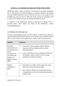 ANNEX A-2: SUMMARY OF SKILLSFUTURE INITIATIVES SkillsFuture marks a major new phase of investment in our people, throughout life. It will increase Government funding on continual education and training from about $600 mi