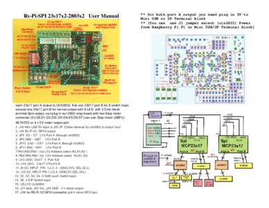 Rs-Pi-SPI 23s17x2-2803x2 User Manual  each 23s17 port A output to ULN2803, first one[removed]port B for 8 switch input, second one 23s17 port B for normal output with 8 LED. with 3.5mm block terminal 9pin output, can plug 