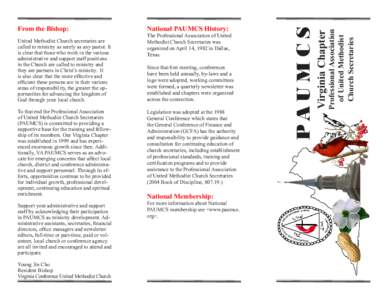 Young Jin Cho Resident Bishop Virginia Conference United Methodist Church The Professional Association of United Methodist Church Secretaries was