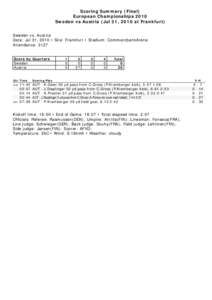 Scoring Summary (Final) European Championships 2010 Sweden vs Austria (Jul 31, 2010 at Frankfurt) Sweden vs. Austria Date: Jul 31, 2010 • Site: Frankfurt • Stadium: CommerzbankArena Attendance: 3127